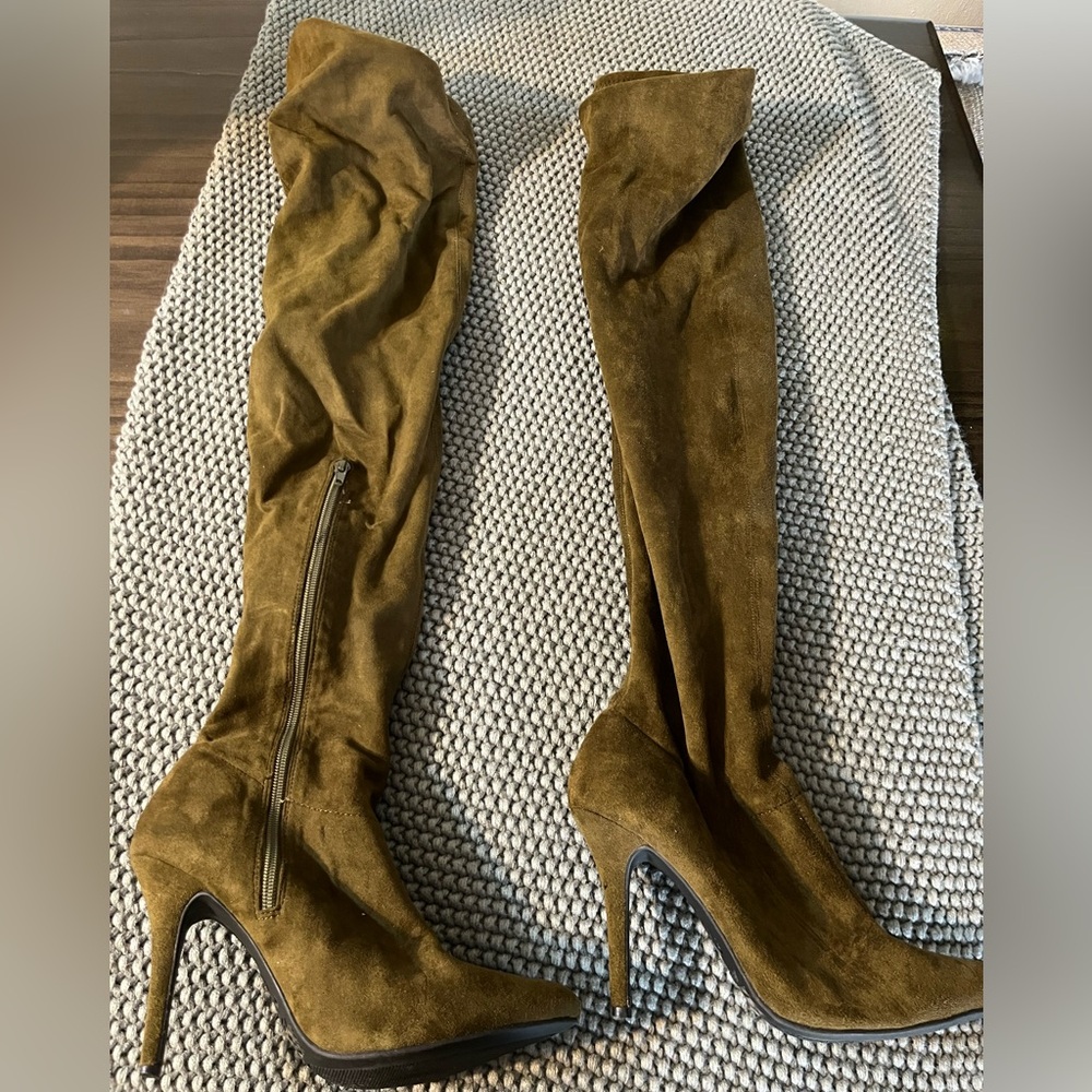 Olive green Suede Over-the-Knee Boots